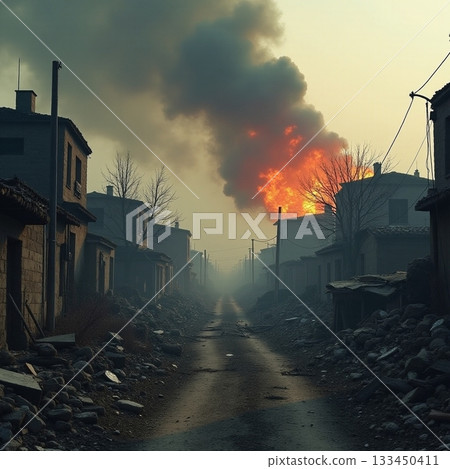 Destruction in a quiet town as flames rise in the sky Generative AI 133450411