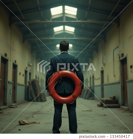 Man in suit holds lifebuoy in abandoned corridor Generative AI 133450417