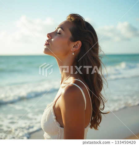 Woman enjoying a serene moment by the beach during sunset Generative AI Woman enjoying a serene moment by the beach during sunset Generative AI 133450420