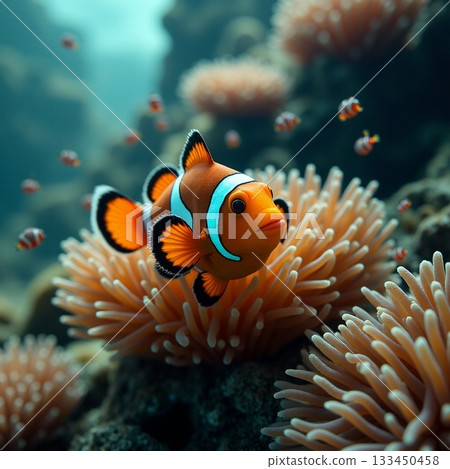 Clownfish swimming among sea anemones in vibrant coral reef Generative AI 133450458