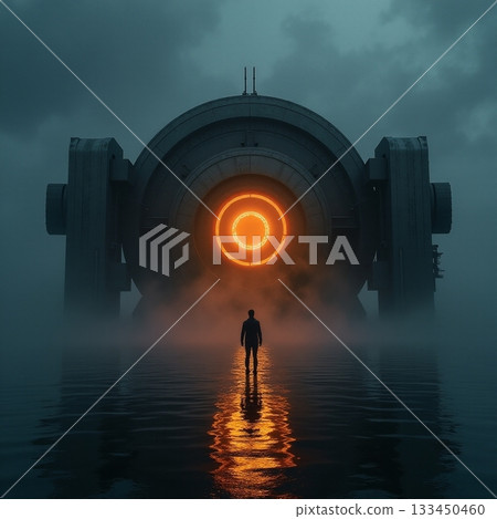 Mysterious figure stands before glowing portal in foggy landscape Generative AI 133450460