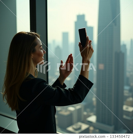 Woman taking a selfie with a city skyline background Generative AI 133450472