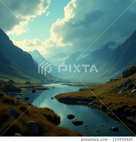 Majestic valley with winding river under dramatic sky Generative AI 133450485