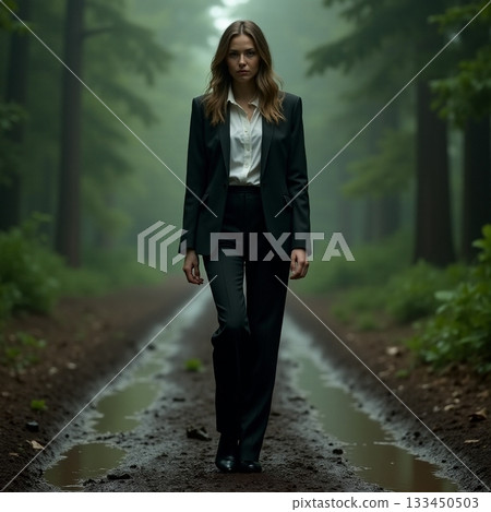 Woman in dark suit walking through a misty forest path Generative AI 133450503