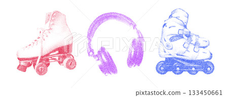Risograph Print with Photocopy Effect Featuring a Roller Skates and Headphones 133450661