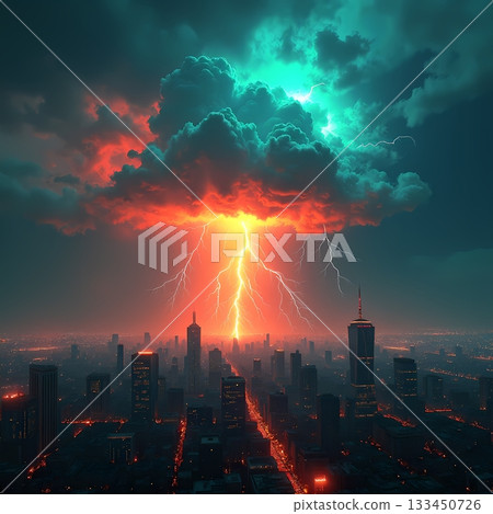 Powerful thunderstorm lights up city skyline at night Generative AI 133450726