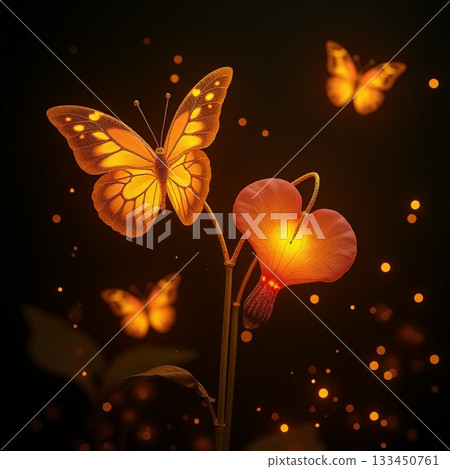 Butterflies and glowing flower in a magical night scene Generative AI Butterflies and glowing flower in a magical night scene Generative AI 133450761