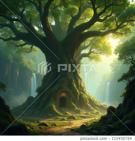 Majestic tree doorway nestled beside serene waterfalls Generative AI 133450784