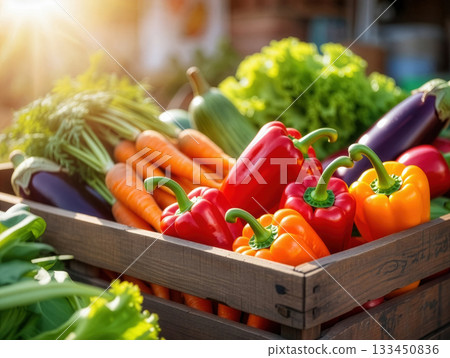 Colorful fresh vegetables in a wooden crate at a local market during the golden hour of the evening 133450836