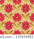 Golden vintage vignettes on a seamless pattern isolated on a beige background. Watercolor border for Christmas and wedding decor, invitations, greeting cards, tablecloths, table runners, home decor 133450983