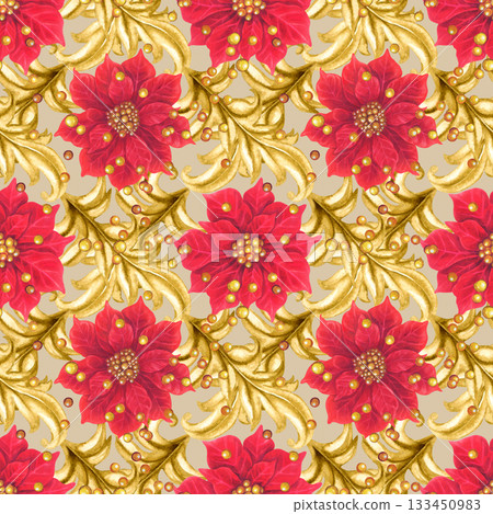 Golden vintage vignettes on a seamless pattern isolated on a beige background. Watercolor border for Christmas and wedding decor, invitations, greeting cards, tablecloths, table runners, home decor 133450983