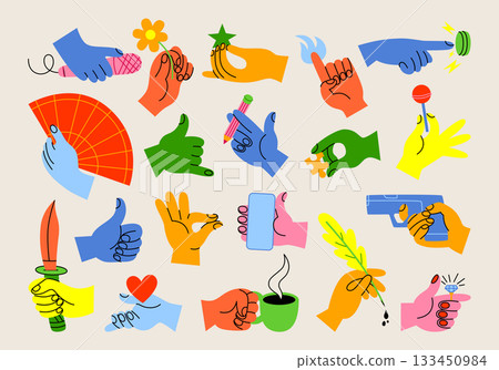 Cute set of hands with different gestures and signs. Different positions of arms and fingers. Colorful hands with a different stuff, gun, diamond ring, pencil, pen, fan, flower, star, phone, sword. 133450984