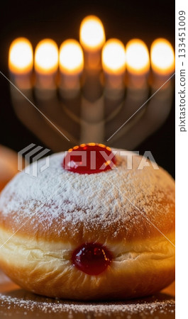 A close-up of a sufganiyah, a jelly donut with powdered sugar. A lit menorah in the background creates a warm, festive mood. Ideal for Hanukkah greetings or food-related content. 133451009