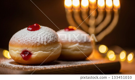 Close-up of traditional Hanukkah sufganiyot, jelly-filled doughnuts, with a glowing menorah. This warm, festive scene is ideal for holiday greetings, food blogs, or cultural content. 133451010