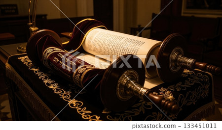 An open Torah scroll with ancient Hebrew text resting on an ornate velvet cover. The warm, dim lighting creates a sacred, reverent mood. Perfect for religious or historical themes. 133451011