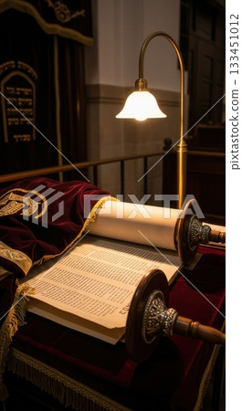 An open Torah scroll with Hebrew text is illuminated by a warm lamp in a synagogue. This scene conveys reverence, tradition, and study. Perfect for religious or historical content. 133451012