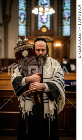 A devout Jewish man with a beard holds a sacred Torah scroll in a synagogue. The scene evokes deep spirituality, faith, and tradition. Ideal for religious and cultural content. 133451014