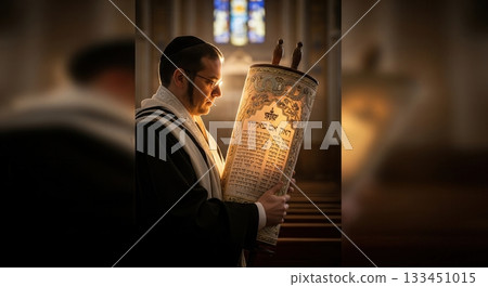 A devout Jewish man in a kippah and tallit holds a glowing Torah scroll in a synagogue. The mood is reverent and spiritual, highlighting faith and tradition. Use for religious content. 133451015