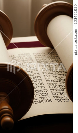 A close-up of an ancient Torah scroll with Hebrew text. This image conveys a sacred, historical, and reverent mood. Perfect for topics on Judaism, faith, tradition, and scripture. 133451039