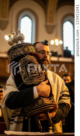 A bearded Jewish man in traditional attire holds an ornate Torah scroll. This solemn scene captures a moment of deep faith and reverence, ideal for content on Judaism or spirituality. 133451041