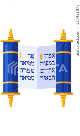 An illustration of an open Torah scroll with Hebrew script, rendered in blue and gold. Symbolizes Jewish faith, scripture, and tradition. Perfect for religious or educational content. An illustration of an open Torah scroll with Hebrew script, rendered in blue and gold. Symbolizes Jewish faith, scripture, and tradition. Perfect for religious or educational content. 133451075