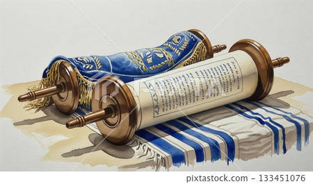 A watercolor illustration of a Torah scroll and tallit. This artistic piece evokes a sense of sacred tradition and Jewish faith. Perfect for religious content, holidays, and cultural designs. 133451076