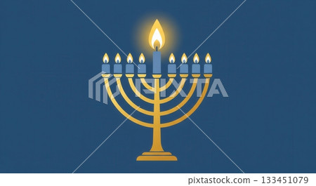 A golden Hanukkah menorah with nine lit candles on a blue background. This illustration represents the Jewish Festival of Lights, conveying tradition and hope. Ideal for holiday greetings. 133451079