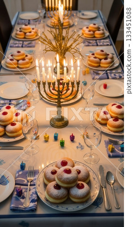 A festive dinner table set for Hanukkah with a lit menorah, sufganiyot, and dreidels. Evokes a warm, traditional family gathering. For holiday greetings or cultural content. 133451088