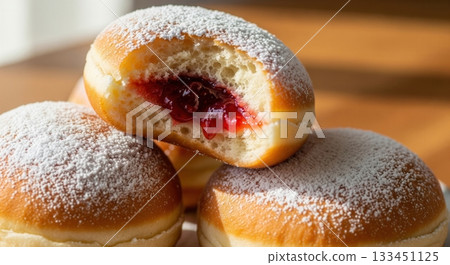 A close-up of delicious jam-filled doughnuts dusted with powdered sugar. This inviting image evokes feelings of comfort and indulgence, perfect for bakeries, food blogs, or menus. 133451125
