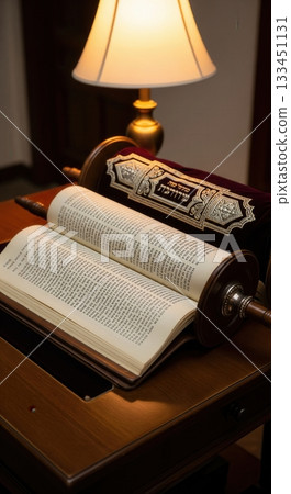An open Torah scroll with Hebrew text rests on a wooden desk, lit by a warm lamp. The scene evokes a sense of reverence, tradition, and quiet study. Perfect for religious or educational content. 133451131