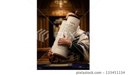 A man in a tallit and kippah holds an open Torah scroll inside a synagogue. This image evokes reverence, tradition, and spirituality. Perfect for Jewish holidays or faith concepts. 133451134