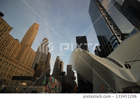 New York winter cityscape and Christmas illumination tourist scenery, Statue of Liberty, 9/11 Memorial, subway 133451206