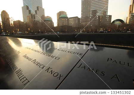 New York winter cityscape and Christmas illumination tourist scenery, Statue of Liberty, 9/11 Memorial, subway 133451302
