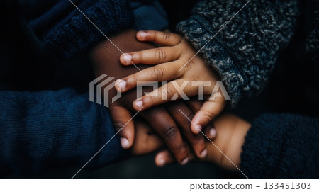 Close-up of two children's hands of different races holding each other. This tender image symbolizes unity, friendship, support, and diversity. Ideal for social campaigns or family themes. 133451303