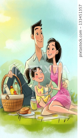 A charming illustration of a happy family father, mother, and daughter enjoying a picnic. The scene evokes feelings of love and togetherness, ideal for family-themed projects. 133451357