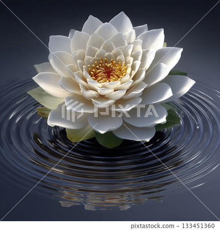 A pristine white water lily floats on dark, still water, creating gentle ripples. This serene image evokes tranquility, purity, and mindfulness. Perfect for wellness or spa themes. 133451360