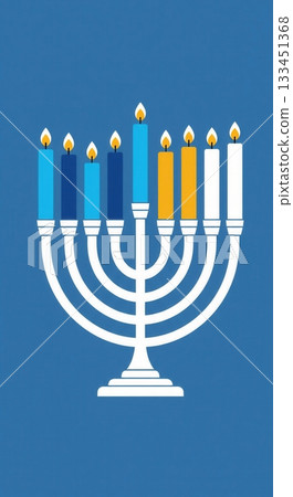 A modern, flat illustration of a Hanukkah menorah with nine lit candles. This graphic symbolizes the Jewish Festival of Lights and is perfect for holiday greetings and invitations. 133451368