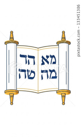 An illustration of an open Torah scroll with Hebrew text. This clean icon represents Judaism, faith, and tradition. Ideal for religious content, educational materials, and holiday designs. 133451386