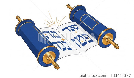 An open Torah scroll with Hebrew scripture, blue covers, and gold details. Symbolizes Jewish faith, tradition, and divine law. Perfect for religious content and holiday designs. 133451387