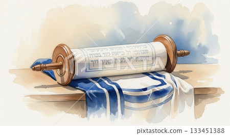 A watercolor illustration of a Torah scroll with Hebrew text lying on a Tallit. This peaceful image evokes spirituality and Jewish tradition. Perfect for religious content and holidays. 133451388