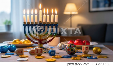 A colorful Hanukkah menorah with lit candles, surrounded by dreidels and chocolate gelt. The scene captures the warm, festive spirit of the Jewish holiday. Ideal for holiday content. 133451396