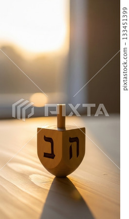 A wooden dreidel with Hebrew letters rests on a table, bathed in warm golden light from a sunset. This peaceful scene evokes tradition and is ideal for Hanukkah holiday content. 133451399