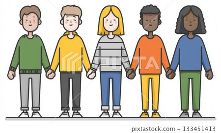 An illustration of a diverse group of people holding hands. This represents unity, friendship, and community. Perfect for projects on social equality, teamwork, and multiculturalism. 133451413
