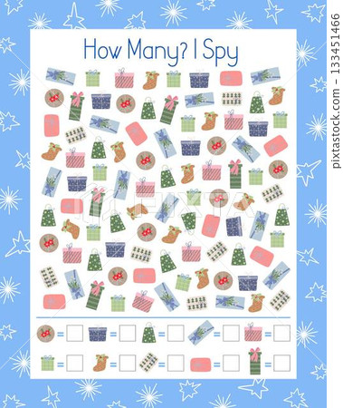 I spy, How many Christmas gifts counting educational game for kids with winter elements, vector illustration educational puzzle, printable worksheet for kids, leisure or study game, teachers resources 133451466