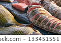 Pieces of fresh river fish on a counter at the market 133451551