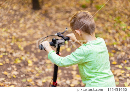 Child Riding Scooter in Autumn Forest with Fallen Leaves 133451660
