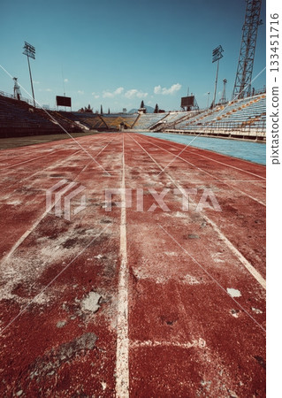 Vintage Stadium with Worn Red Track and Nostalgic Retro Sports Theme 133451716