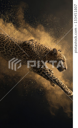 Dynamic Leopard Mid-Leap in Golden Smoke on Dark Background Dynamic Leopard Mid-Leap in Golden Smoke on Dark Background 133451807