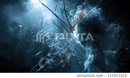 Abstract Smoke Figure Behind Shattered Glass on Dark Background 133451828