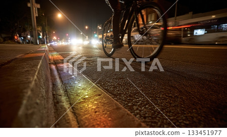 Nighttime Bike Lane with Solar-Powered Lights and Cyclist in Motion 133451977